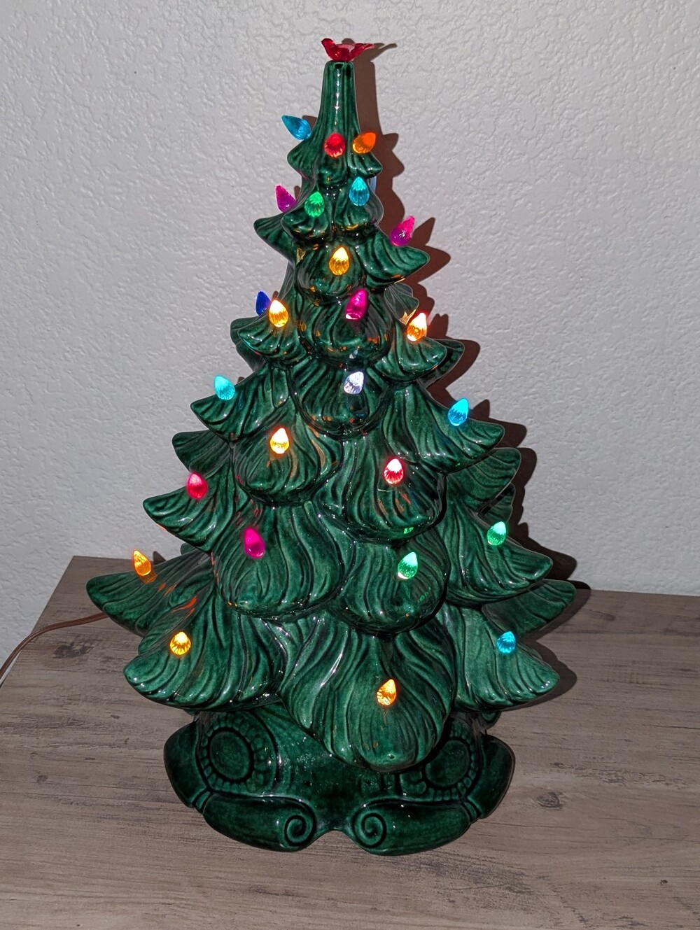 Vintage 1980 Lighted Ceramic Christmas Tree 2-Piece Dark Green Working